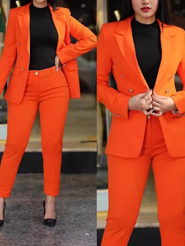 2Pcs Women's Solid Color Suit + Trousers Two-Piece Set Slim Fit Business Fashion Double Breasted Formal Female Clothes Outfit