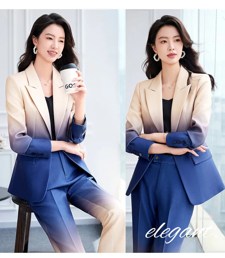 HIGH STREET Newest Fashion 2024 Designer Suit Set Women's Gradient Color Printed Single Button Blazer Flare Pants Suit