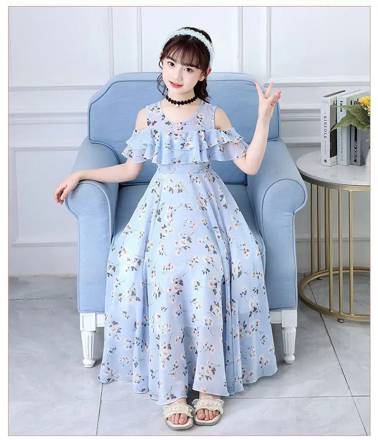2025 fashion new Summer Teenager Girl Princess Kids Dresses Sleeveless Floral Vestidos Clothes mesh costume 6 8 9 10 12 14 Year