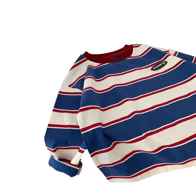 5569-1 Children Long-sleeved T-shirts 2025 Spring Autumn Striped Boy's Sweatershirt Handsome Bottoming Shirts Tops
