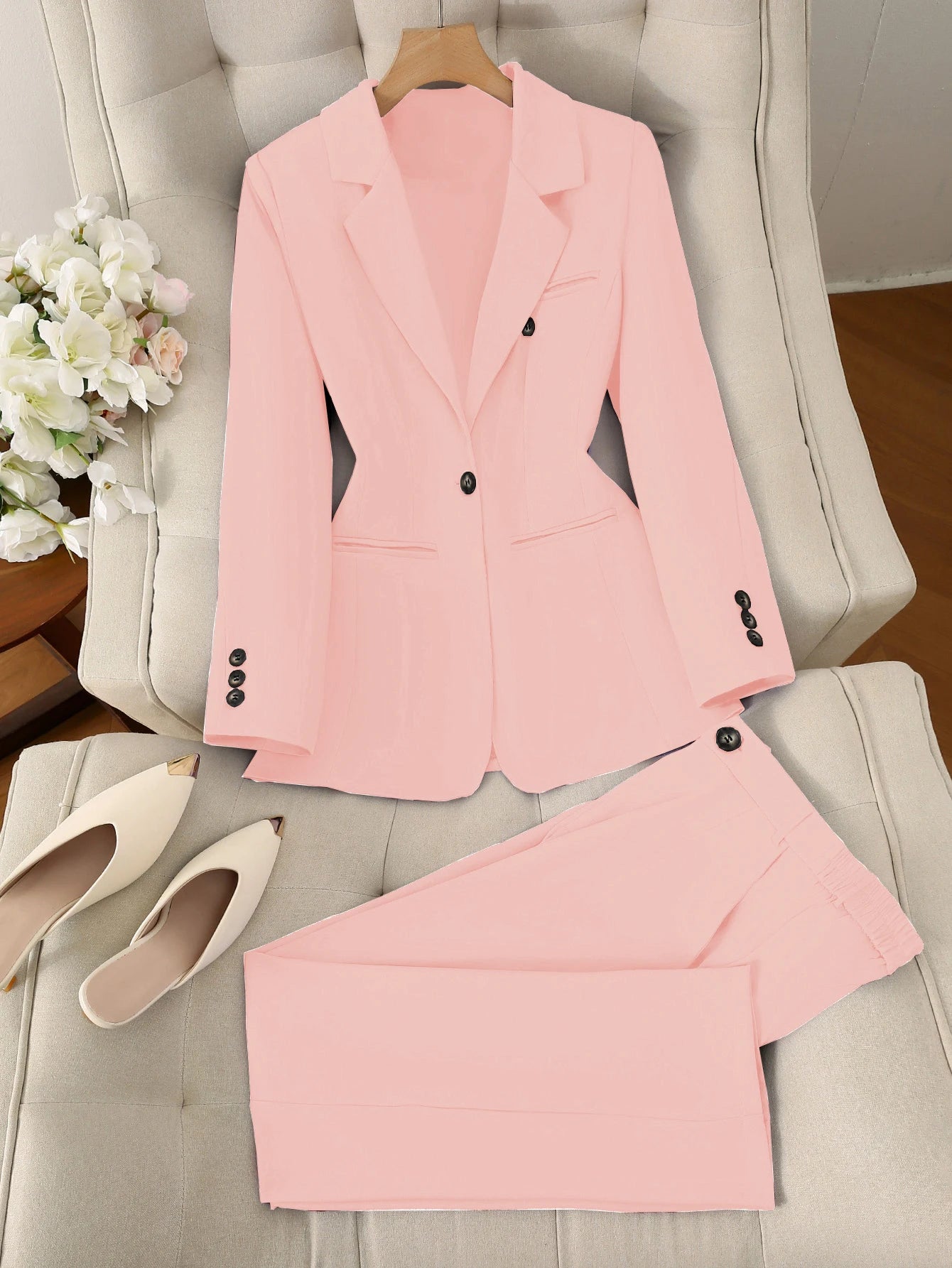 Two-piece suit, solid color single-button long-sleeve single-breasted jacket, tailored trousers workwear commuter ensemble