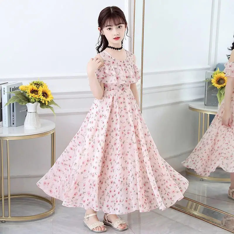 2025 fashion new Summer Teenager Girl Princess Kids Dresses Sleeveless Floral Vestidos Clothes mesh costume 6 8 9 10 12 14 Year