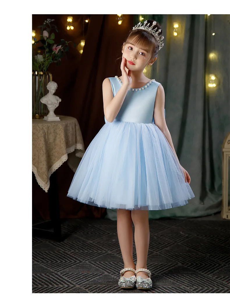 2-10 Years Girls Princess Dress Summer Tulle Big Bow Girls Wedding Dress Piano Performance Costume Host Costume New Kids Clothes