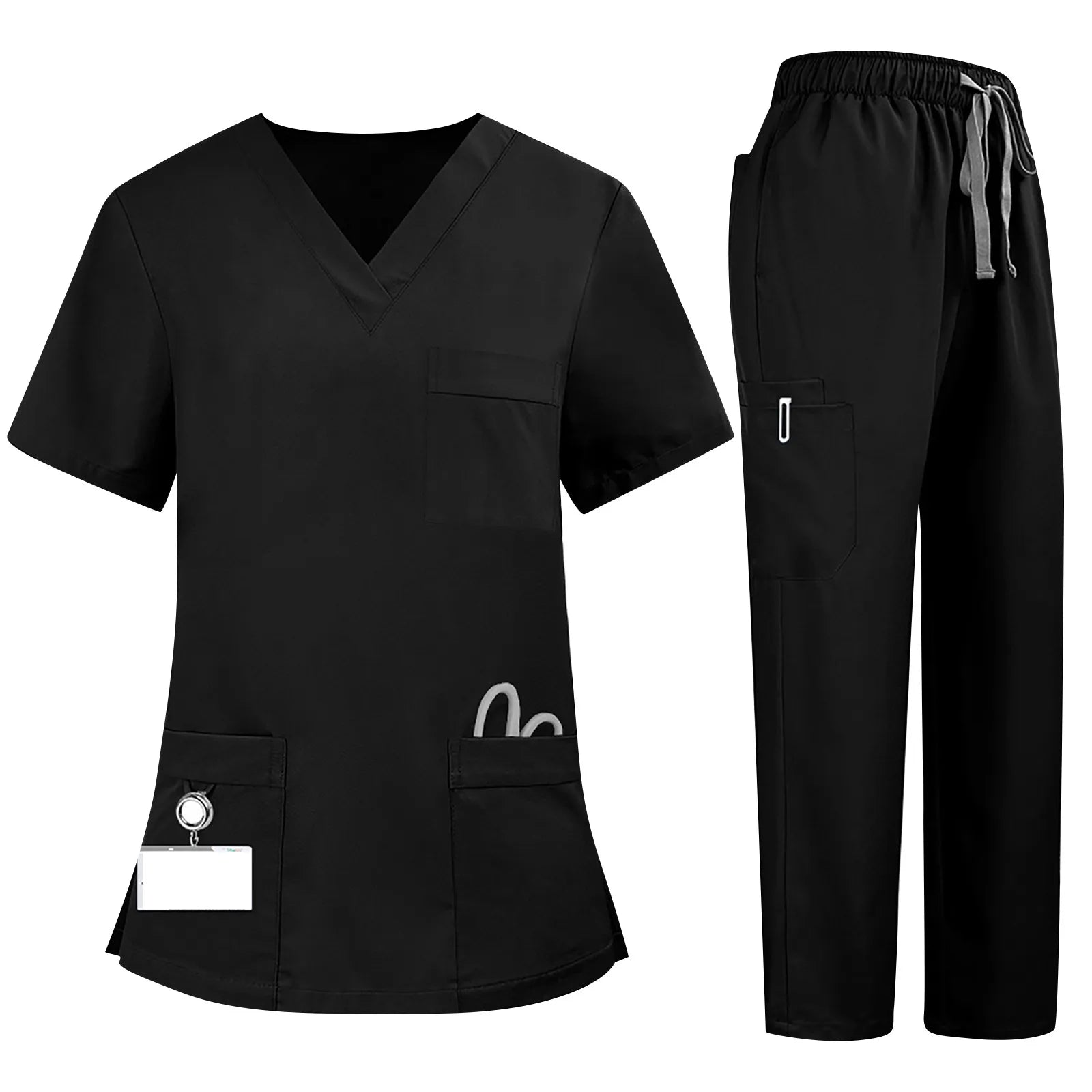 Plus Size Women'S Nurse Uniform Quick-Drying Fabric Solid Color V-Neck Pocket Short-Sleeved Trousers Suit Nursing Uniform Suit