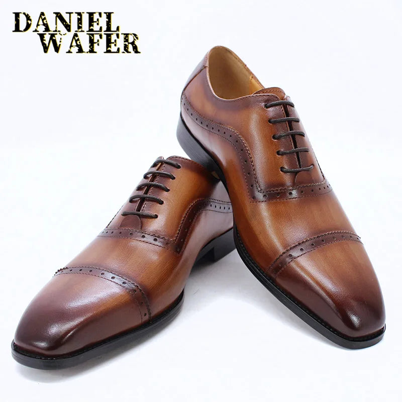 Elegant Men Oxford Shoes Brogue Genuine Leather Black Brown Classic Cap Toe Lace Up Formal Shoes Wedding Office Men Dress Shoes