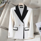 XFPV Office Lady Women Long Sleeves Blazer 2025 Autumn New Contrast Color Double Breasted Notched Loose Blazers Coat Autumn New