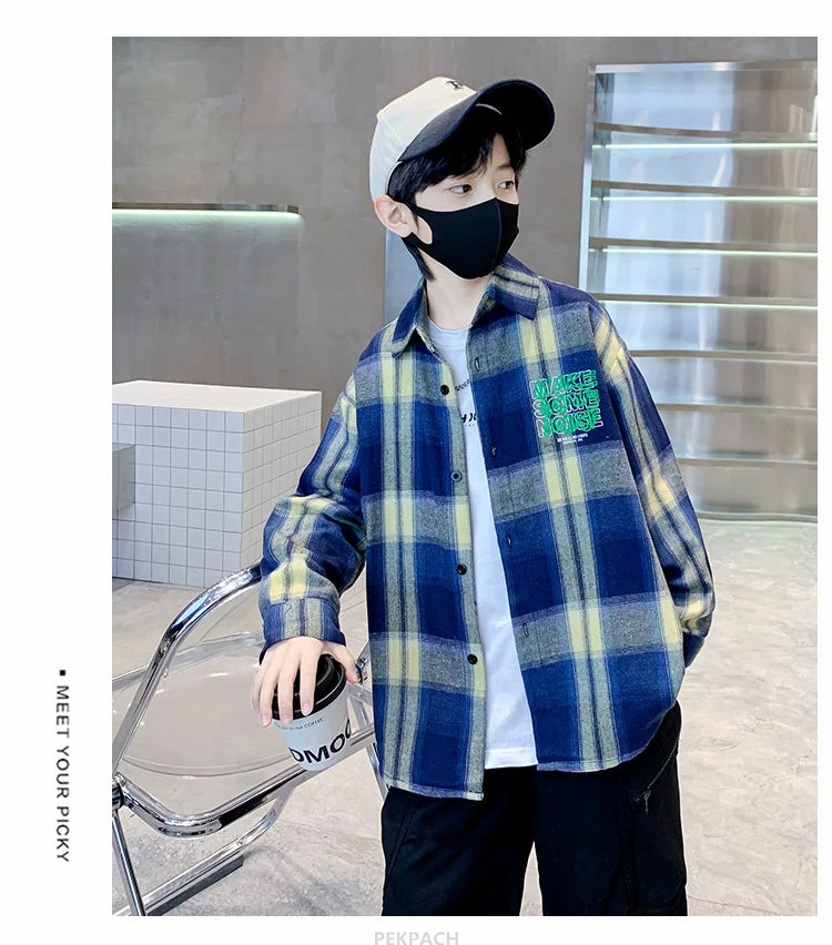 Children New Fashion Blue Plaid Shirt for Boy Casual Blouse Kids Cotton Top Spring Long Sleeve Baby Boy Clothes Outfit Age 5-14Y