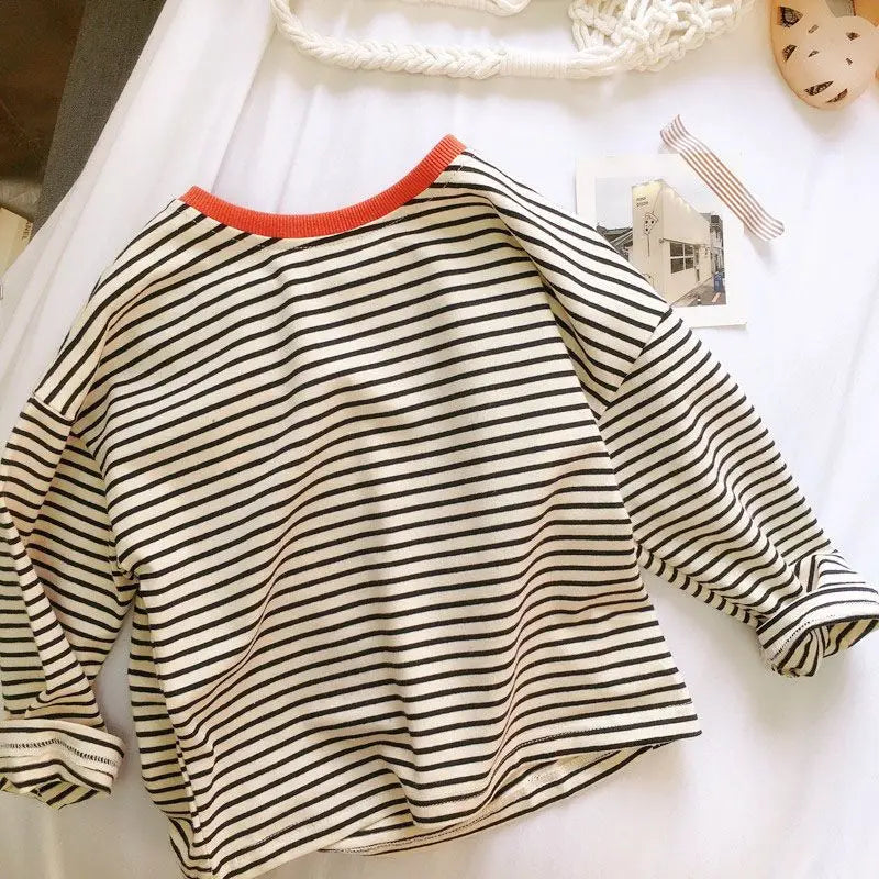 Boys and Girls T-shirt Long Sleeved Children's Base Shirt Spring and Autumn Pure Cotton Casual Versatile Striped Baby Top