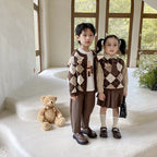 Fashion Children Boy Girls Matching Clothes Plaid Knitting Sweater Tops Pleated Skirt Pant Bear Outwear Spring Fall Clothing Set