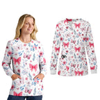 Women O-Neck Nursing Spa Scrub Uniforms Printed Scrubs Top Cartoon Medical Uniform Stretch Scrubs Top Long Sleeve Medicale Femme