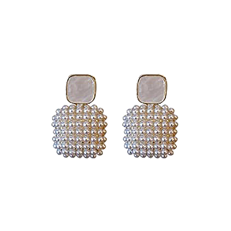 14K Real Gold Plating New Square Full Imitation Pearl Pendant Earrings Elegant Women's Prom Party Earrings