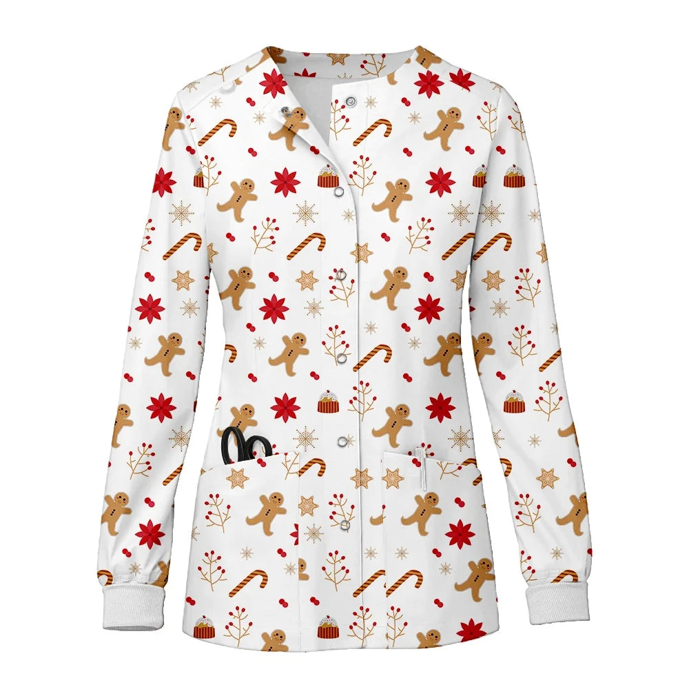 Women O-Neck Nursing Spa Scrub Uniforms Printed Scrubs Top Cartoon Medical Uniform Stretch Scrubs Top Long Sleeve Medicale Femme