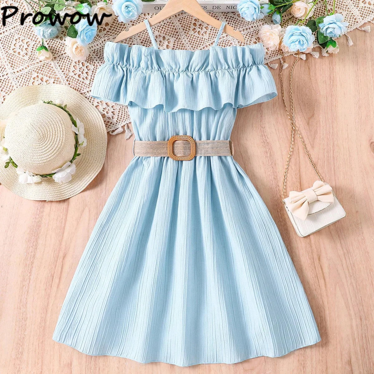 Prowow Girls Party Dresses With Belt 2pcs Trendy Ruffles Off Shoulder Dress For Girls Kids Clothes Teenagers Dresses Girls