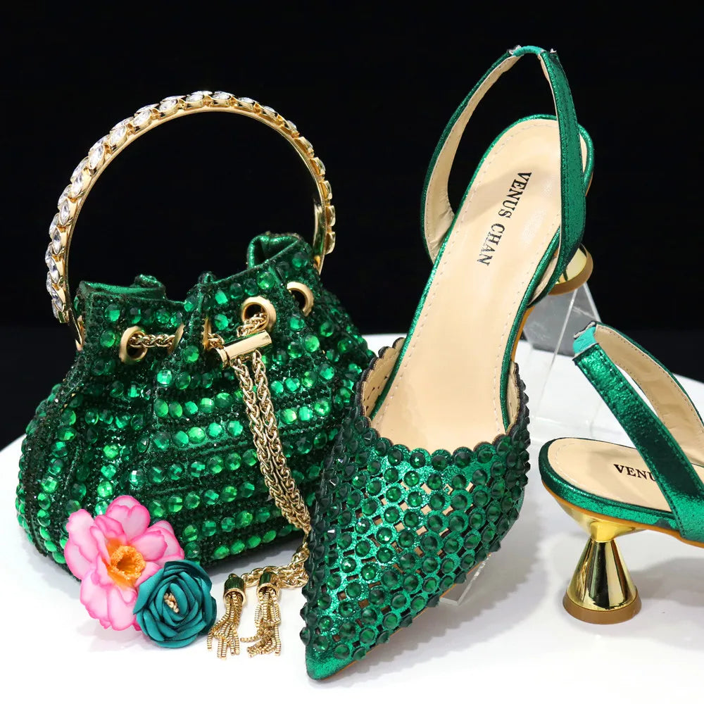 Venus Chan Pointed Toe Heels for Women 2023 Elegant Party Wine Color Full Diamond Pumps Italian Shoes and Bags Matching Set