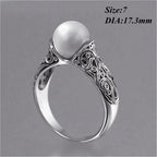Charm Gift Vintage Carved White Pearl Ring Jewelry Yellow Gold Plated 14K