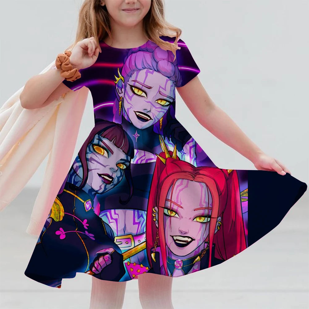 Girls Dresses Summer Casual Kids Dress For Girls KPop Demon Hunters Huntrix Toddlers Clothes Children Dress 3-14