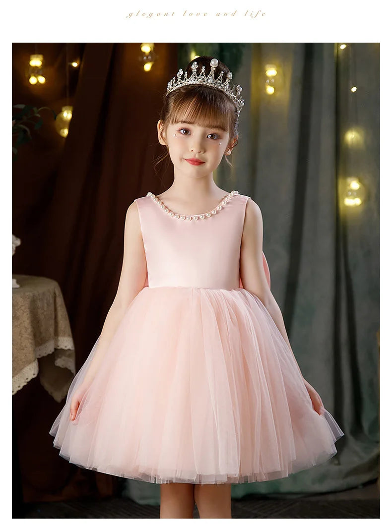 2-10 Years Girls Princess Dress Summer Tulle Big Bow Girls Wedding Dress Piano Performance Costume Host Costume New Kids Clothes