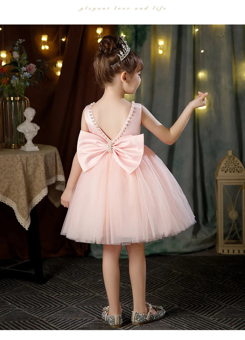 2-10 Years Girls Princess Dress Summer Tulle Big Bow Girls Wedding Dress Piano Performance Costume Host Costume New Kids Clothes