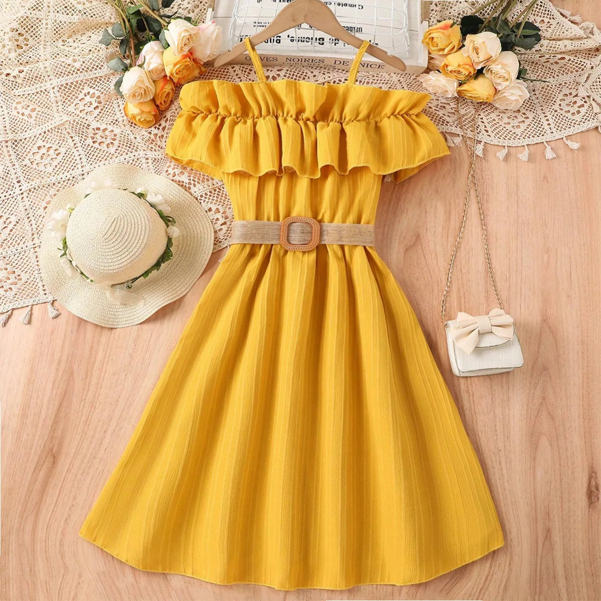Prowow Girls Party Dresses With Belt 2pcs Trendy Ruffles Off Shoulder Dress For Girls Kids Clothes Teenagers Dresses Girls