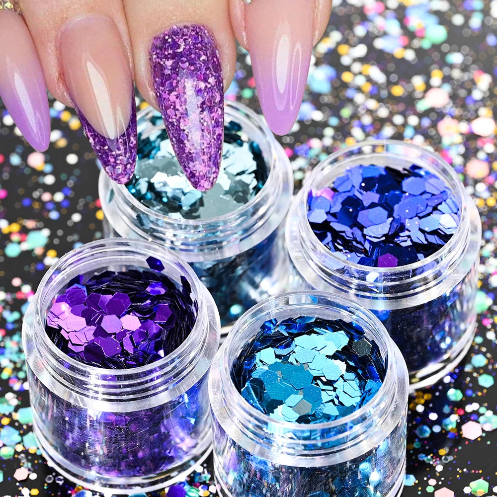 Holographic Glitter set 4 different shines Nail Sequins 10 grams each jar Holographic Cosmetic Festival Chunky Glitters Sequins