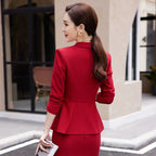 NAVIU Blue Suits Women 2023 New Autumn Professional Long Sleeve Rulffes Slim Blazer And Skirt Sets Office Ladies Work Wear Red