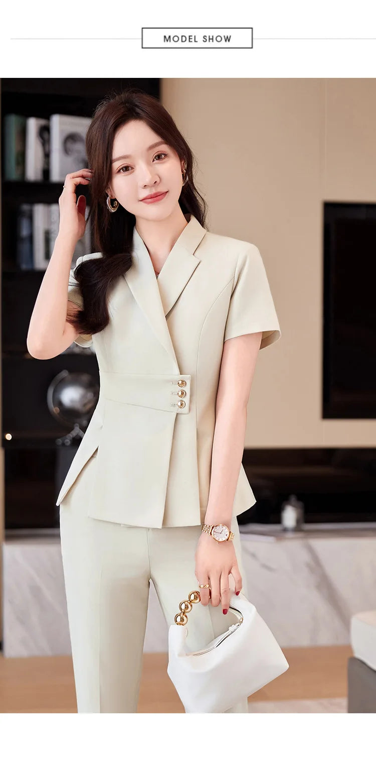 Summer Fabric Professional Women Business Suit with Pants and Jackets Coat Pantsuits Blazers Ladies Work Wear Trousers Set