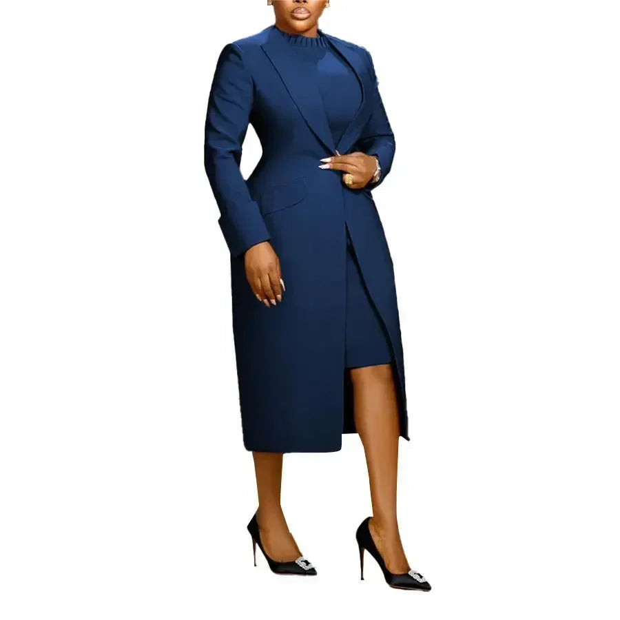 Women's Set Full Sleeve Long Blazer Coat+ Long Dress Suit  Winter Streetwear Two 2 Piece Set Africa OL Work Outfits