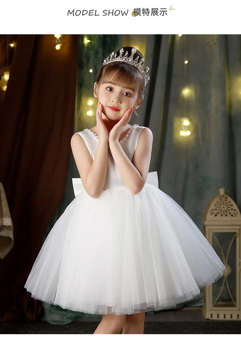 2-10 Years Girls Princess Dress Summer Tulle Big Bow Girls Wedding Dress Piano Performance Costume Host Costume New Kids Clothes