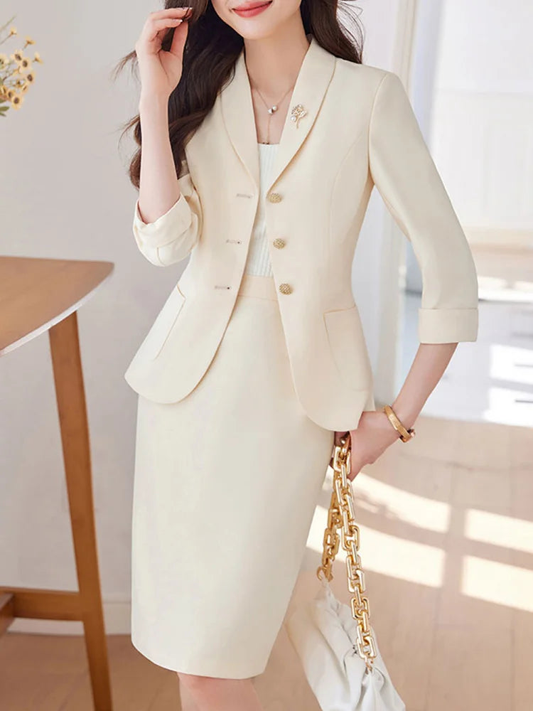 Yitimuceng Elegant Blazer for Women Office Fashion Three Quarters Suits Solid Single Breasted 2025 New All Seasons Skirt Suits