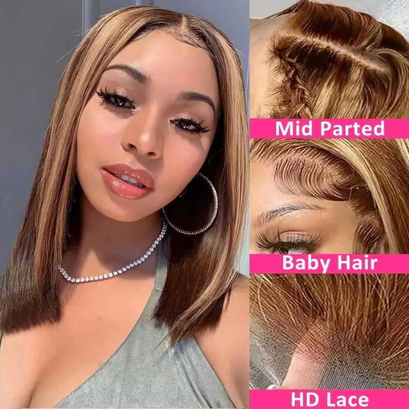 100% Human Hair Wigs 13x4 Lace Human Hair Lace Frontal Wig Ready Wear Bob Wigs 220Density For Black Women 4/27 Color Gold