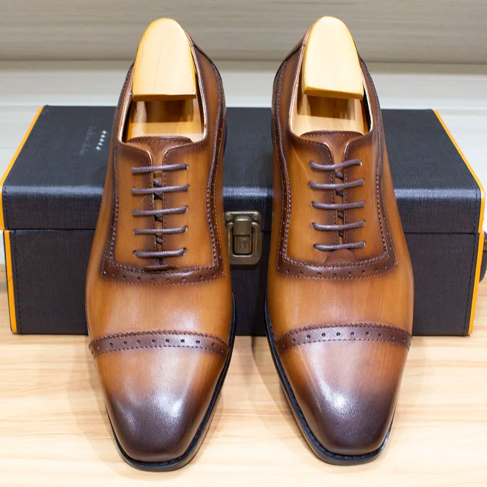 Elegant Men Oxford Shoes Brogue Genuine Leather Black Brown Classic Cap Toe Lace Up Formal Shoes Wedding Office Men Dress Shoes