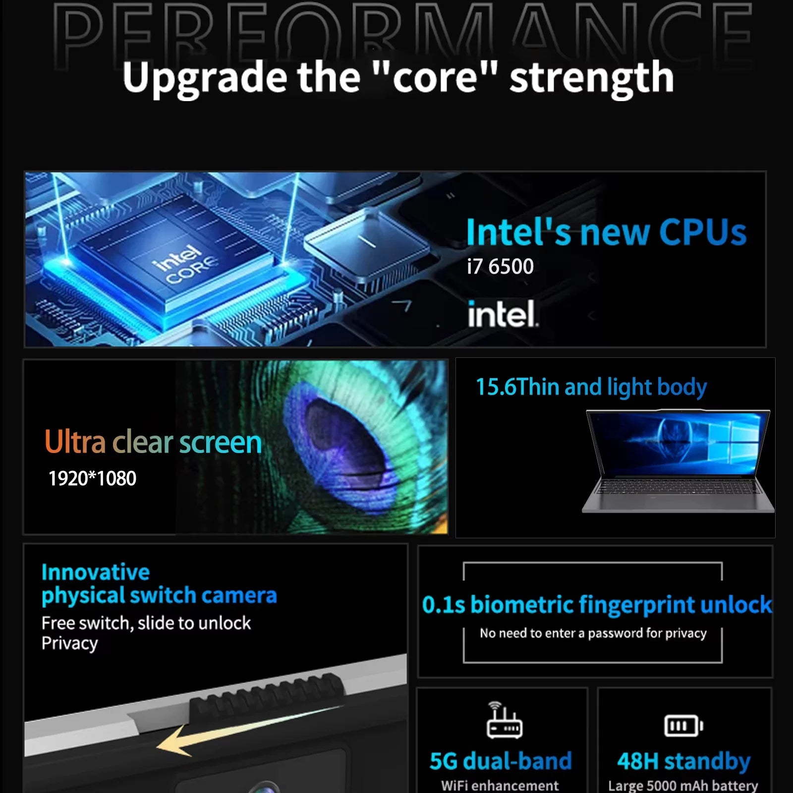 15.6" Laptop Computer PC Windows 11 Intel Core i7 6500U i3 6100U PC Gamer 16GB RAM Fingerprint Unlock Notebook Laptops Backlight