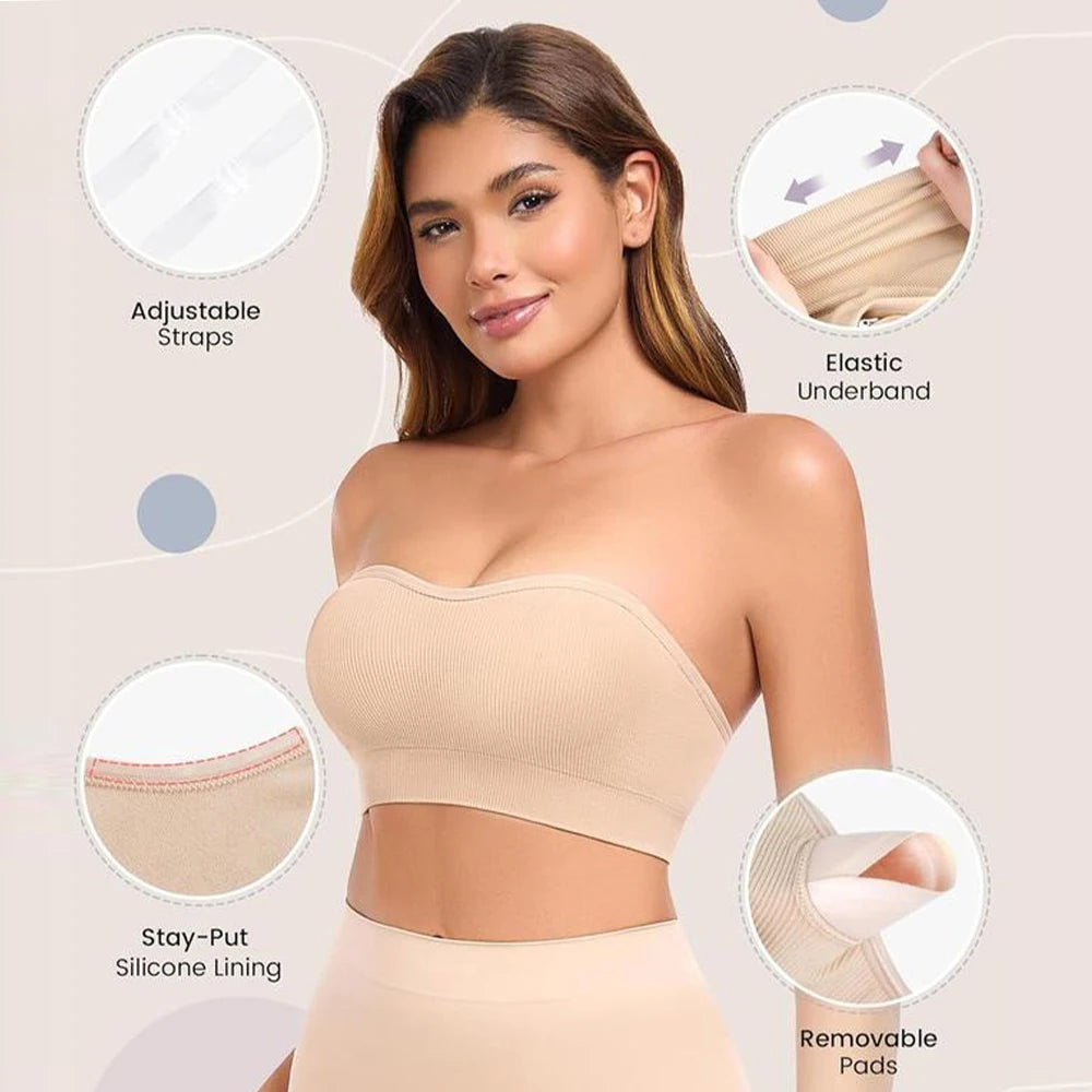 Push Up Strapless Bras For Women Supportive Bandeau Bra Non Slip No Underwire Padded Tube Tops Comfort Soft Wireless Daily Bras