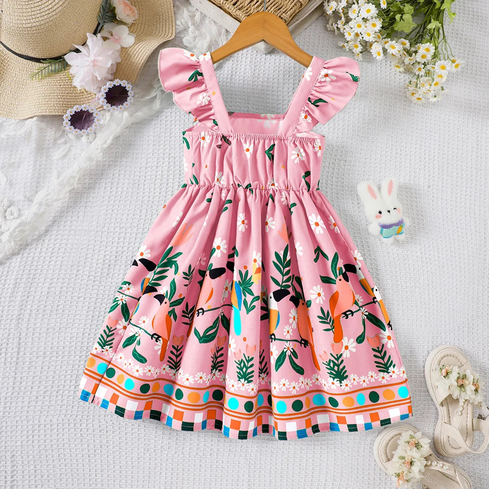 Girls' summer style small fly sleeve plant print dress
