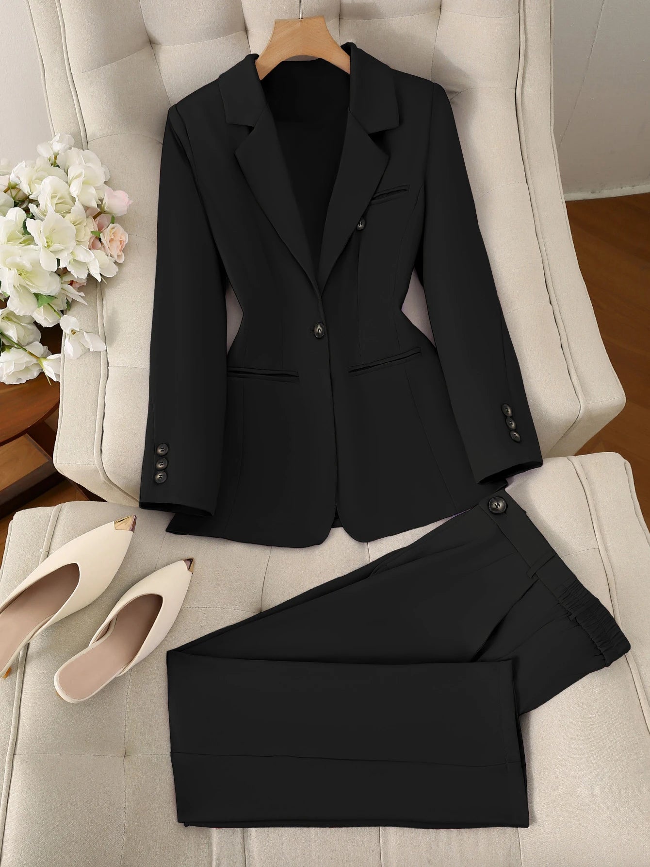 Two-piece suit, solid color single-button long-sleeve single-breasted jacket, tailored trousers workwear commuter ensemble
