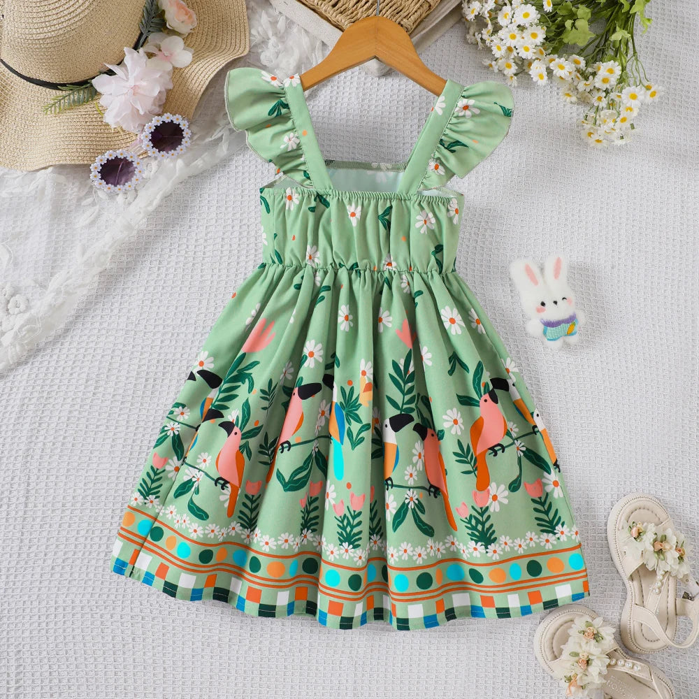Girls' summer style small fly sleeve plant print dress