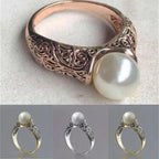 Charm Gift Vintage Carved White Pearl Ring Jewelry Yellow Gold Plated 14K