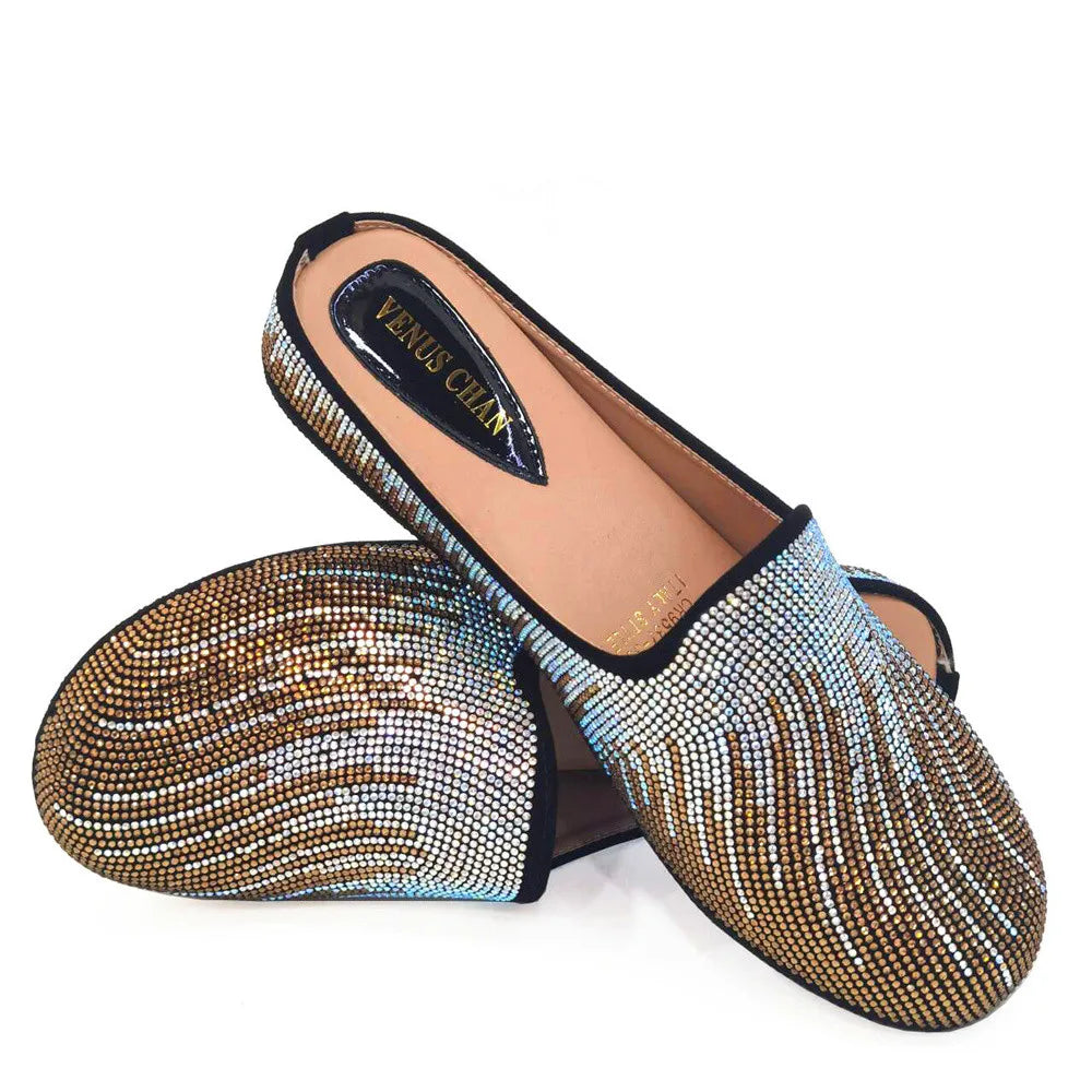 Venus Chan Elegant Flat Shoes for Woman Fashion Comfortable Party Slippers 2024 Latest Design Nigeria Gold Color Half Shoes