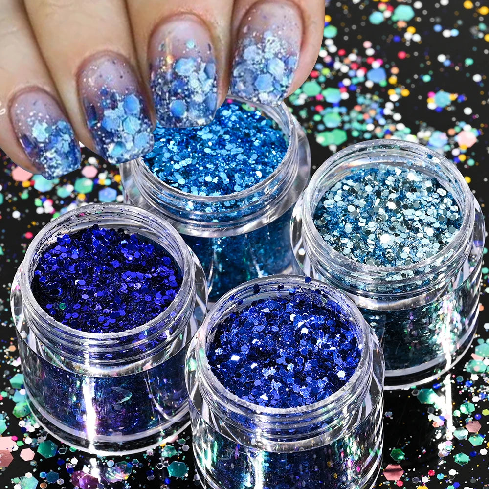 Holographic Glitter set 4 different shines Nail Sequins 10 grams each jar Holographic Cosmetic Festival Chunky Glitters Sequins