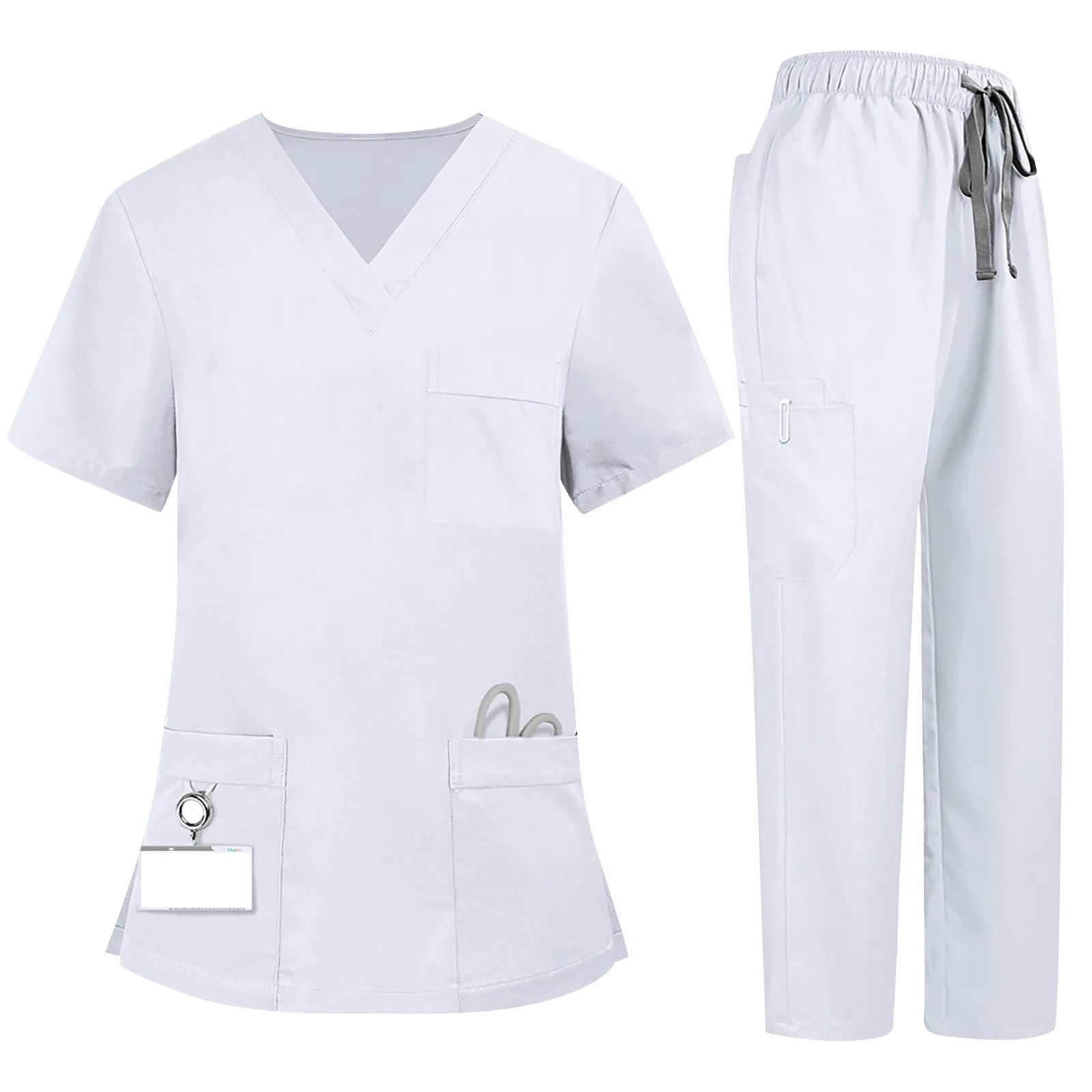 Plus Size Women'S Nurse Uniform Quick-Drying Fabric Solid Color V-Neck Pocket Short-Sleeved Trousers Suit Nursing Uniform Suit