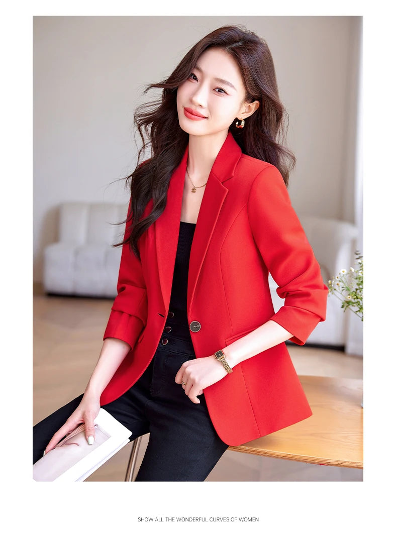 Bright Red Women's Suit Jacket, Stylish Fitted Coat, Black Asian-sized Young Girl Blazers. New 2026