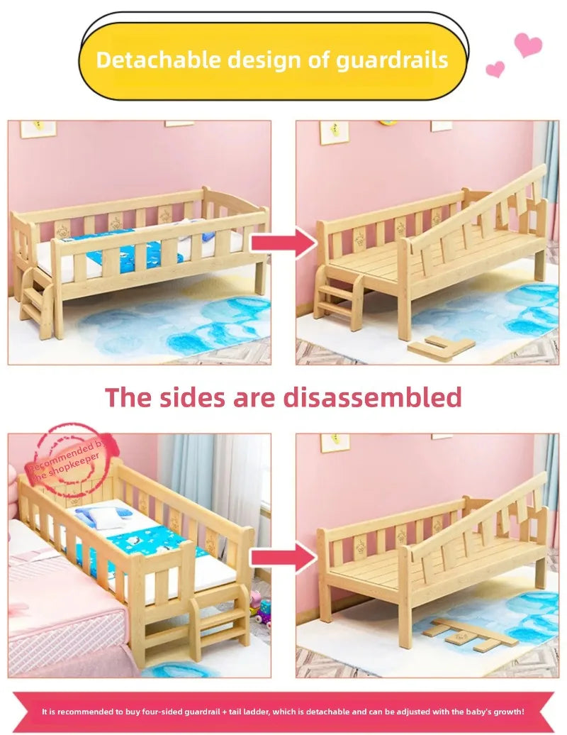 Solid Wood Children's Bed, Boy's Single Bed, with Guardrail, Girl's Princess Bed, Widened and Connected, Customizable