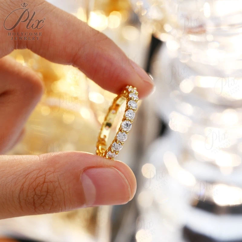 14K 18K Gold Plated Ring S925 Silver Pave Ring White Moissanite Ring Round Brilliant Cut Party Wedding Engagement Jewelry Gift