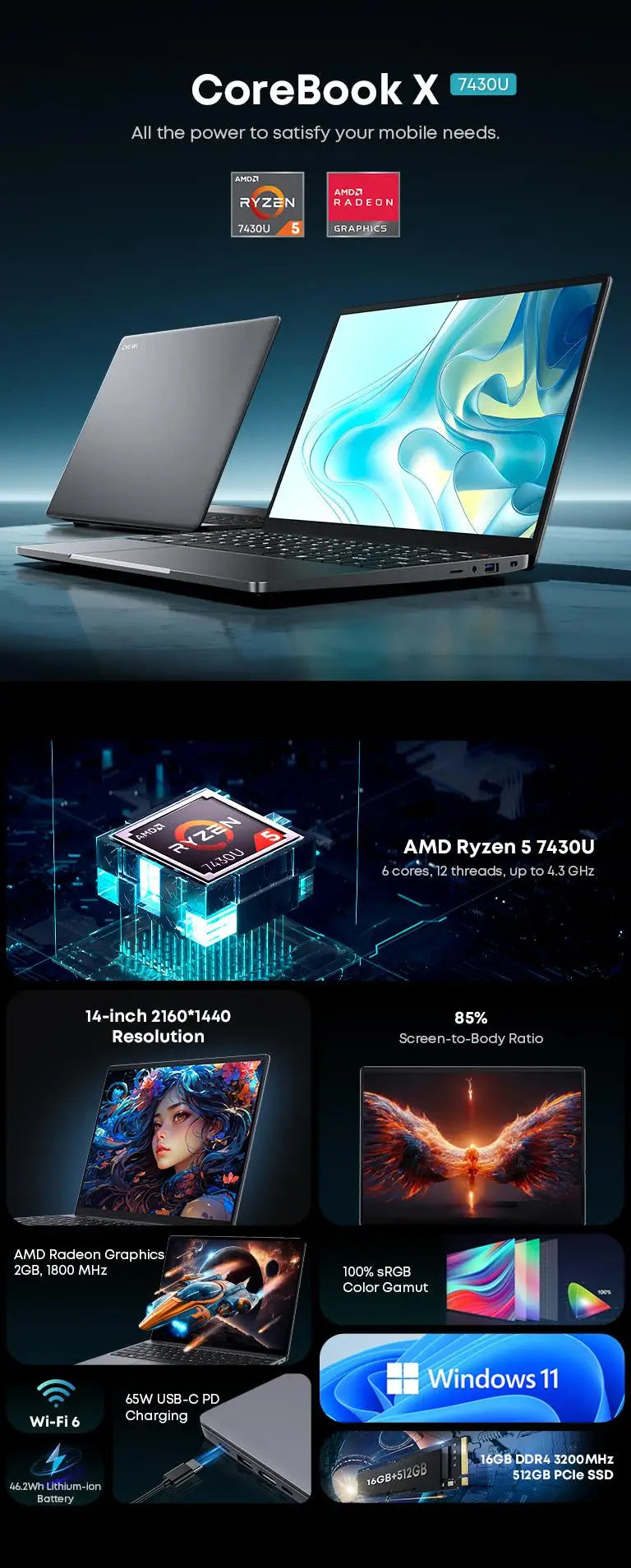 CHUWI CoreBook X Gaming Laptop 14.1 inch 2K IPS Screen AMD R5-7430U 16GB DDR4 RAM 512GB SSD Windows 11 Wifi6 Notebook Computer
