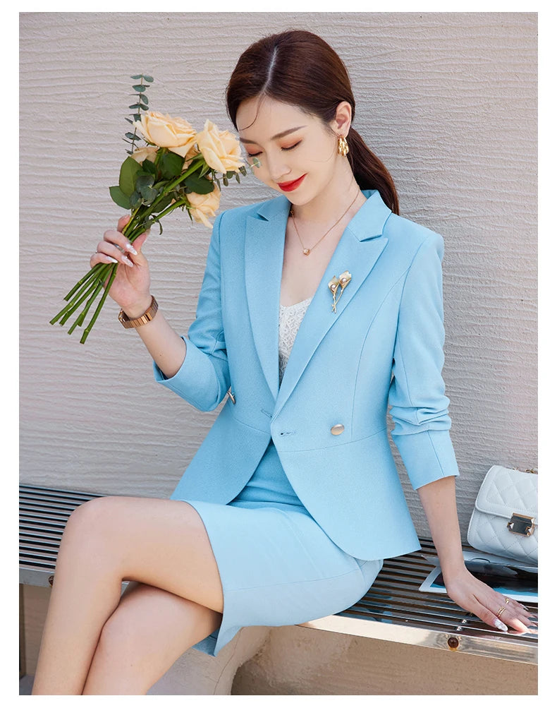NAVIU Blue Suits Women 2023 New Autumn Professional Long Sleeve Rulffes Slim Blazer And Skirt Sets Office Ladies Work Wear Red