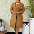 Office Ladies Elegant Two Piece Set Blazer Coat Chest Chain O Neck Sleeveless Inner Dress Classy Slim Church Formal Work Wear