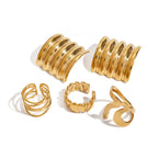 Uworld 5PCS Textured Earrings Heart-Shaped Linear Stacked Rings Gold Color Clothing Matching Jewelry As A Gift For Her ﻿