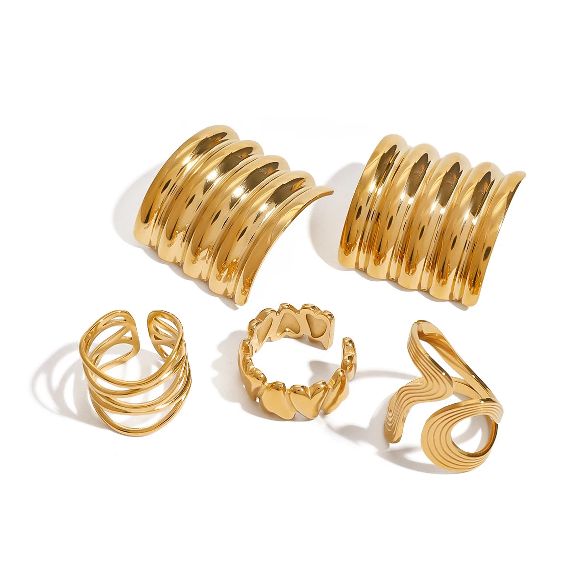 Uworld 5PCS Textured Earrings Heart-Shaped Linear Stacked Rings Gold Color Clothing Matching Jewelry As A Gift For Her ﻿