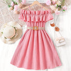 Prowow Girls Party Dresses With Belt 2pcs Trendy Ruffles Off Shoulder Dress For Girls Kids Clothes Teenagers Dresses Girls