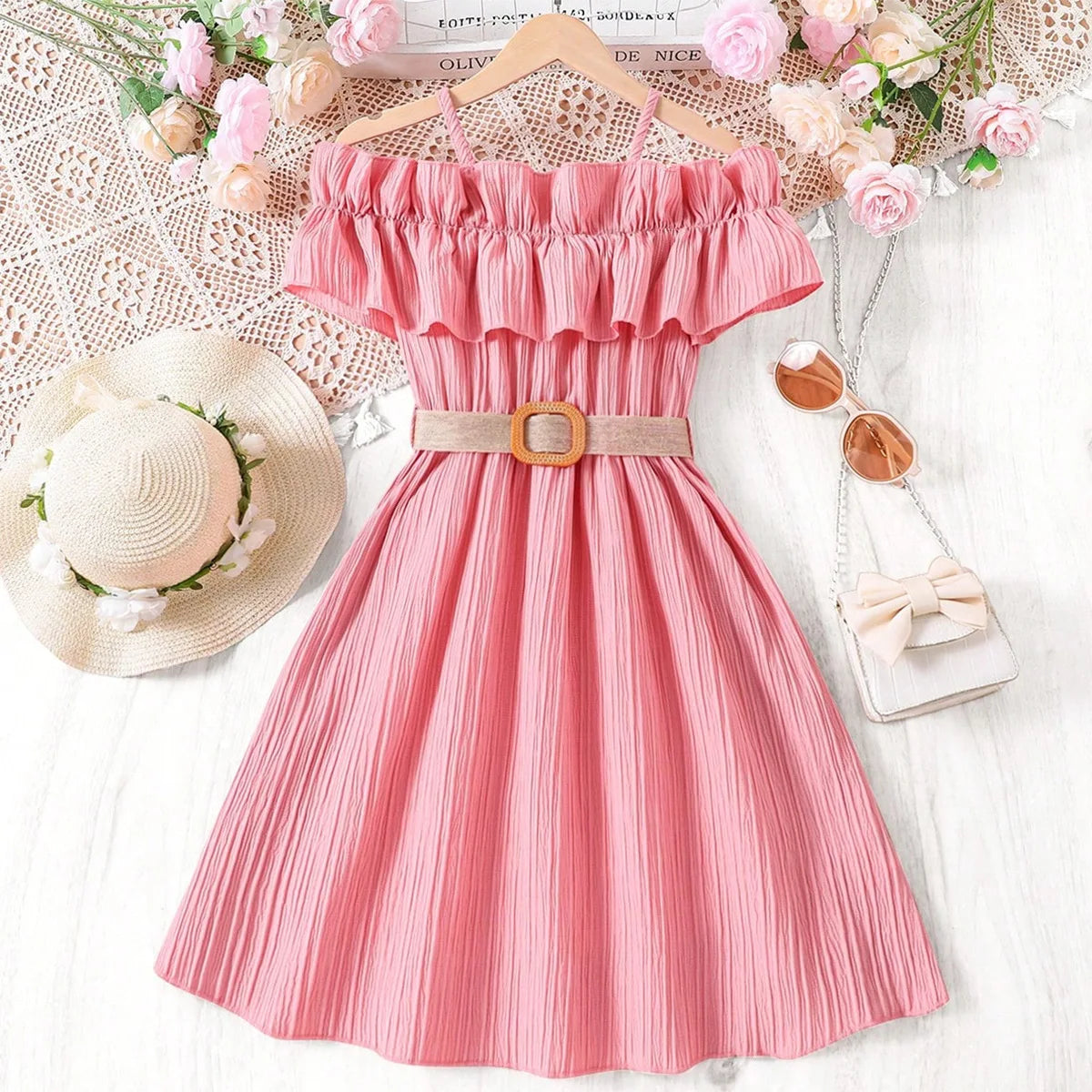 Prowow Girls Party Dresses With Belt 2pcs Trendy Ruffles Off Shoulder Dress For Girls Kids Clothes Teenagers Dresses Girls